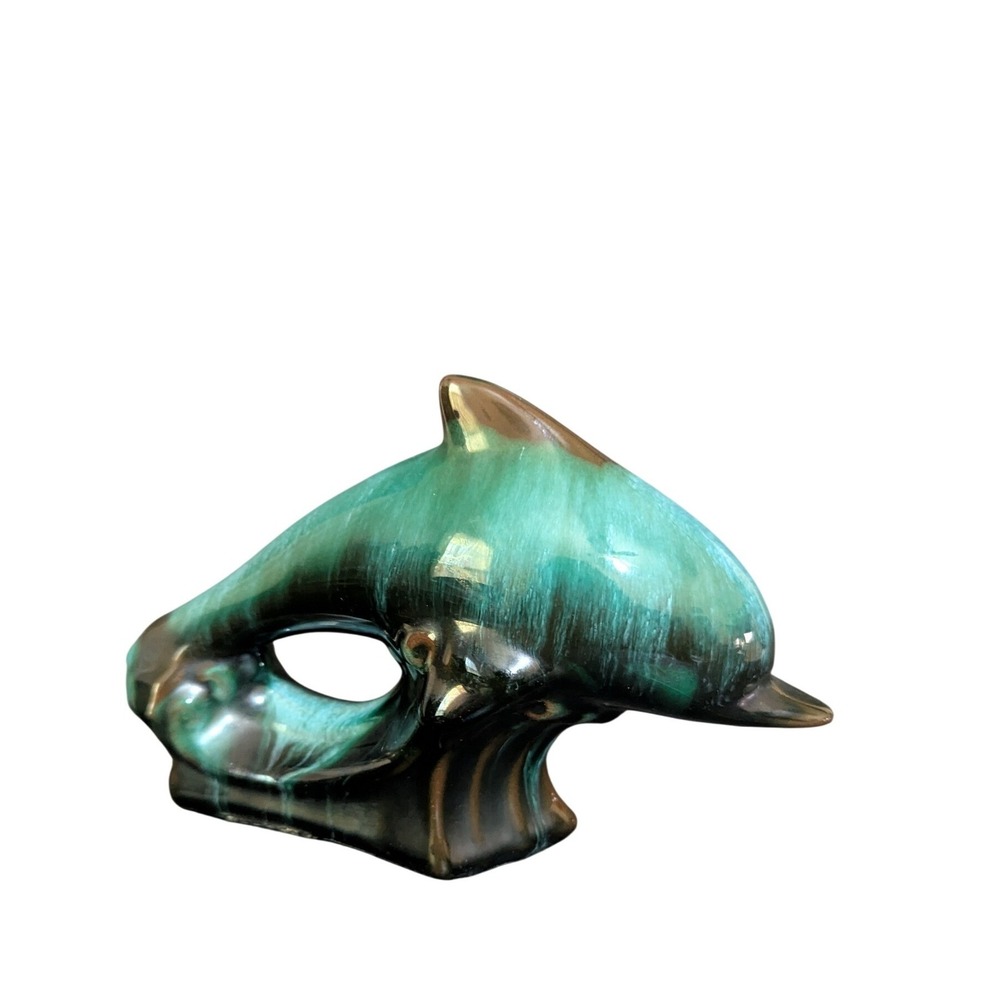 Blue Mountain Pottery Dolphin Figurine Turquoise Drip Glaze Canada Vintage 7"